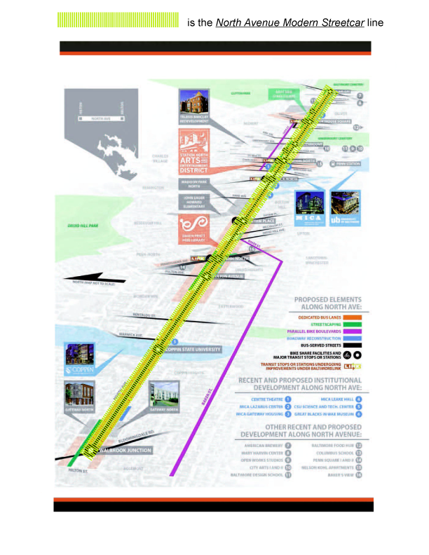 Visualization of possible North Avenue Modern Streetcar line in Baltimore City